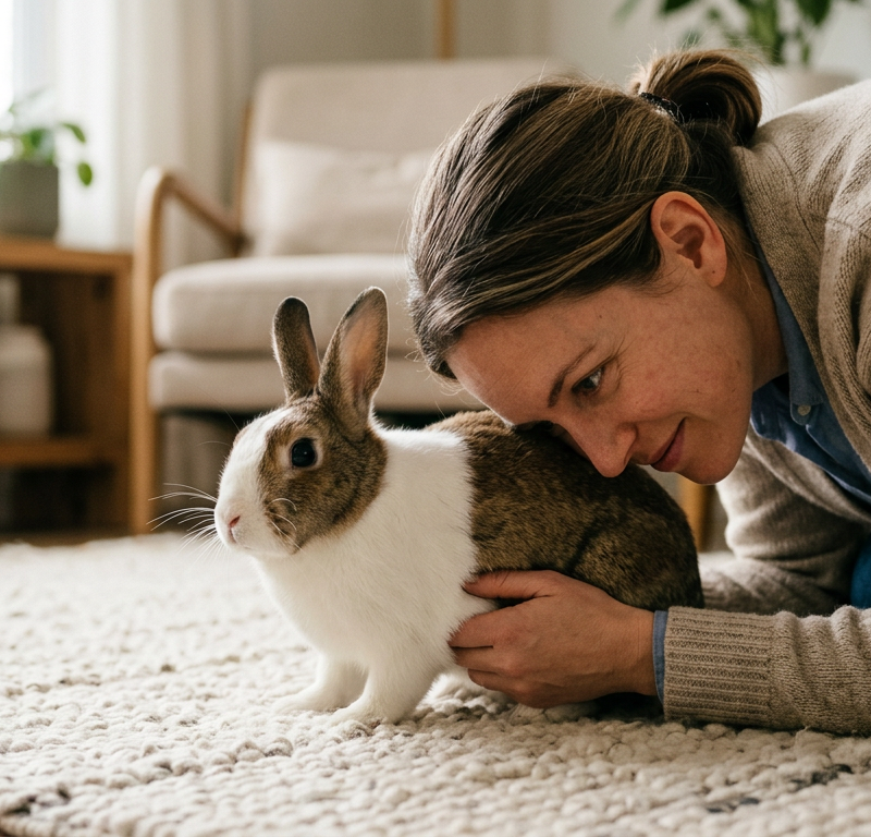 A close up of a Dutch rabbit sitting on a rug with a person gently listening to its side.