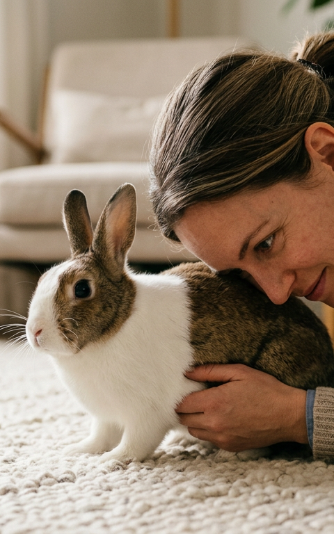 A close up of a Dutch rabbit sitting on a rug with a person gently listening to its side.