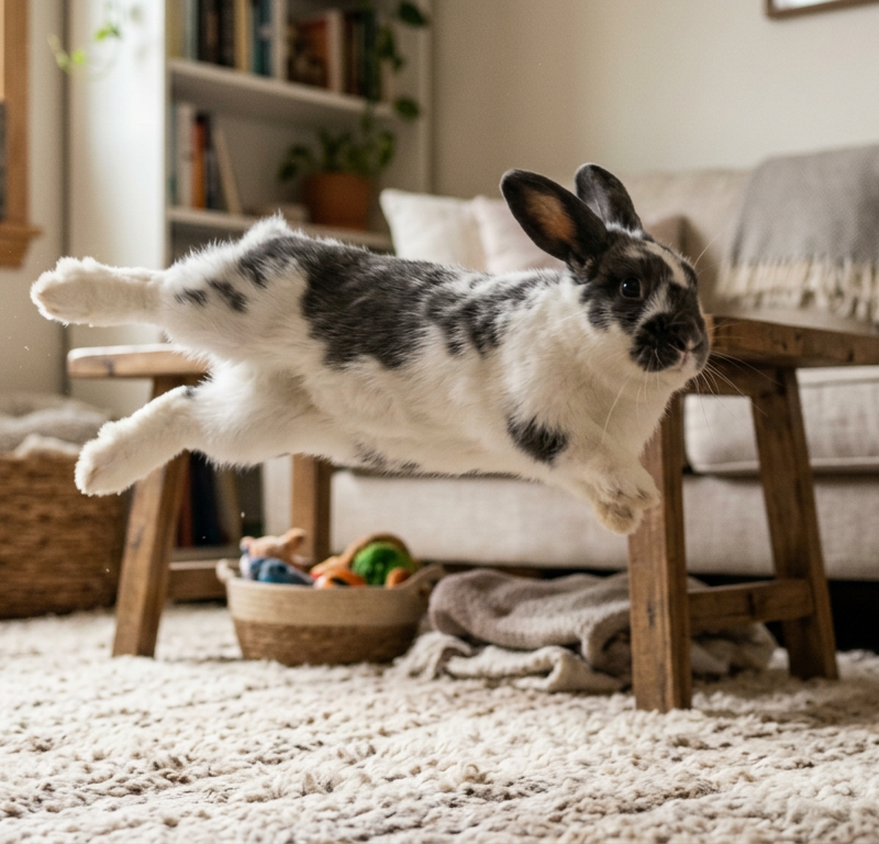 A Holland Lop rabbit performing a mid-air binky twist in a sunlit living room with rugs.