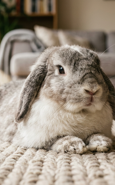 A calm Holland Lop rabbit sitting on a soft rug, showing a relaxed posture while its nose twitches slightly.