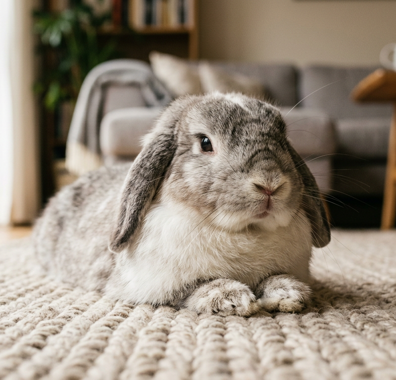 A calm Holland Lop rabbit sitting on a soft rug, showing a relaxed posture while its nose twitches slightly.