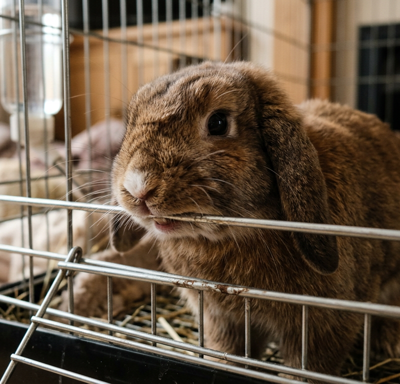 A brown Holland Lop rabbit biting the metal bars of its white enclosure in a living room.