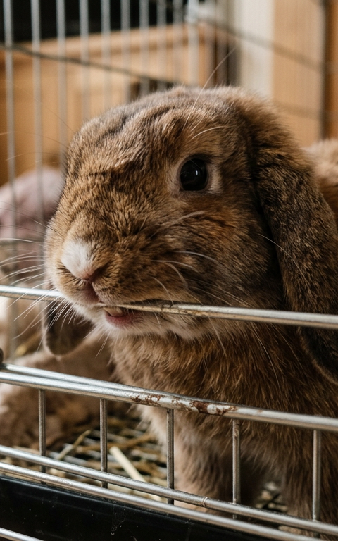 A brown Holland Lop rabbit biting the metal bars of its white enclosure in a living room.