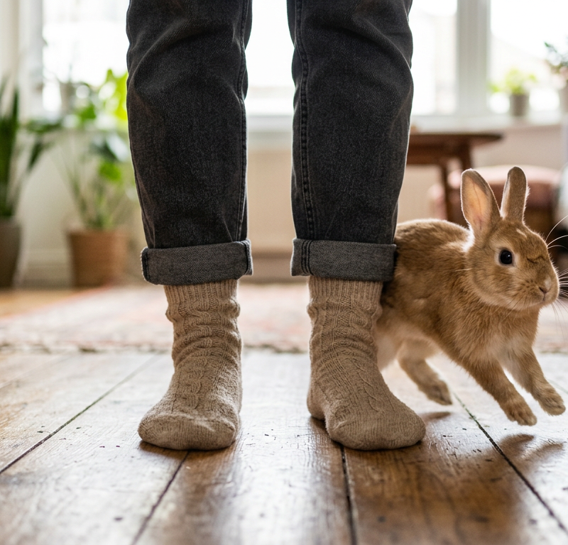 A Netherland Dwarf rabbit energetically circling the feet of a person wearing slippers in a sunlit living room.
