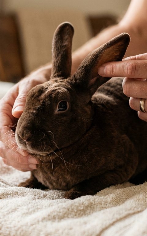 A Rex rabbit being gently examined by a person looking at its ears in a brightly lit room.