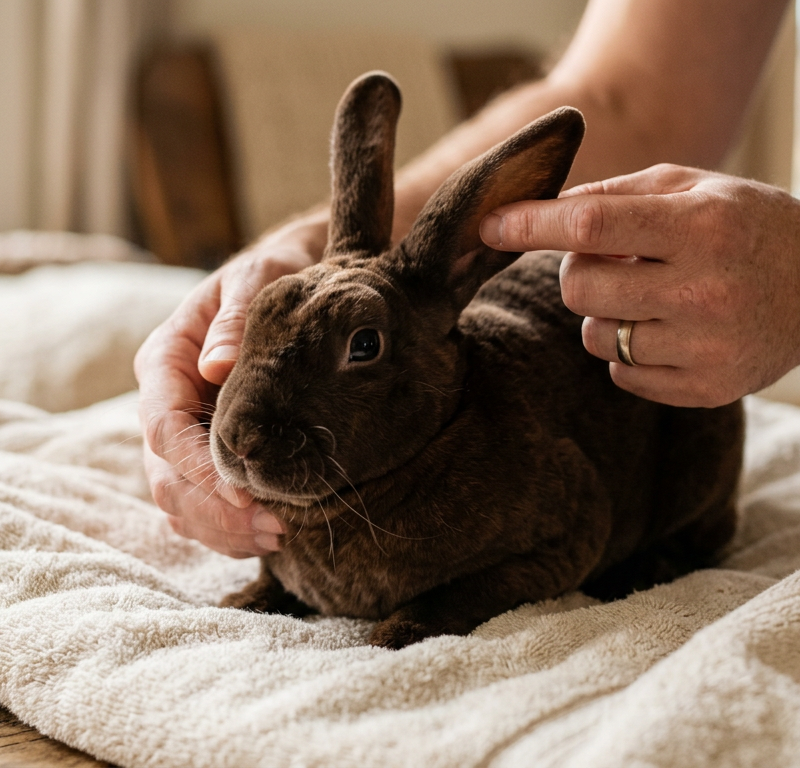 A Rex rabbit being gently examined by a person looking at its ears in a brightly lit room.