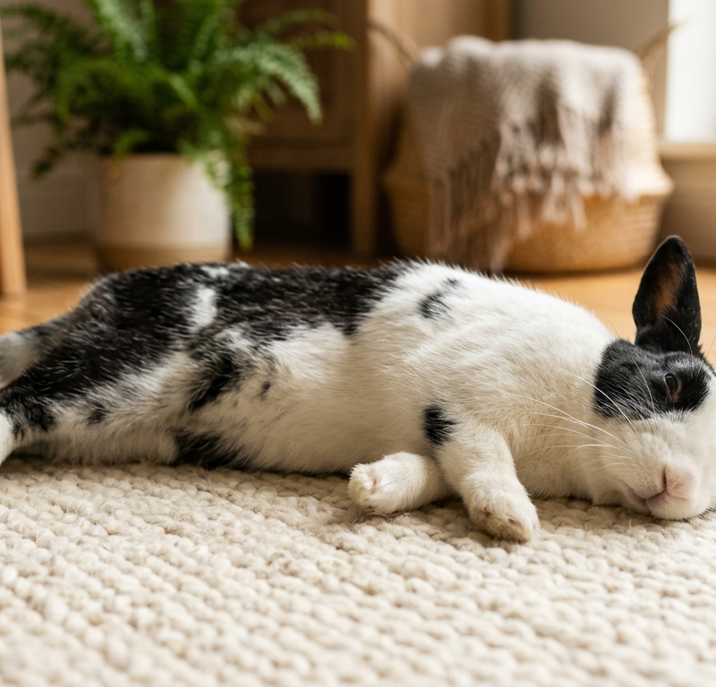 A Dutch rabbit happily flopped on its side on a soft rug in a sunlit living room.