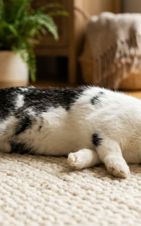 A Dutch rabbit happily flopped on its side on a soft rug in a sunlit living room.