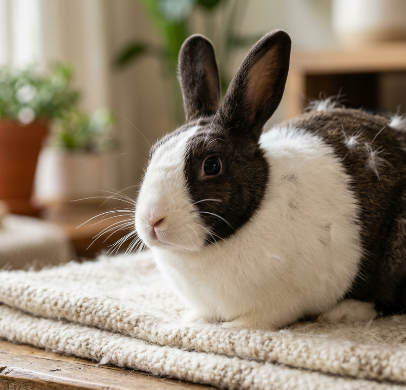 A brown and white Dutch rabbit sitting on a soft blanket with noticeable tufts of loose fur on its back.