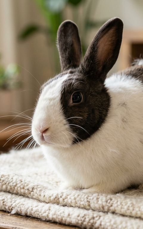 A brown and white Dutch rabbit sitting on a soft blanket with noticeable tufts of loose fur on its back.