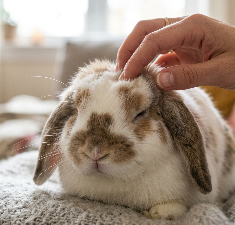 A fluffy Holland Lop rabbit sitting contentedly on a soft rug while being gently petted on the head.