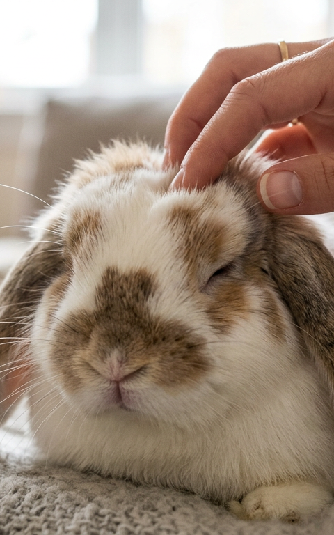 A fluffy Holland Lop rabbit sitting contentedly on a soft rug while being gently petted on the head.