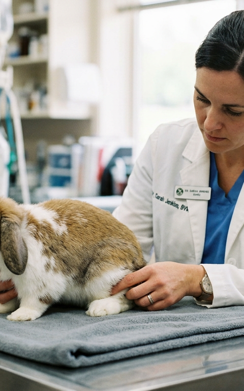 A veterinarian gently examining a domestic rabbit's hind leg in a well-lit clinic setting.