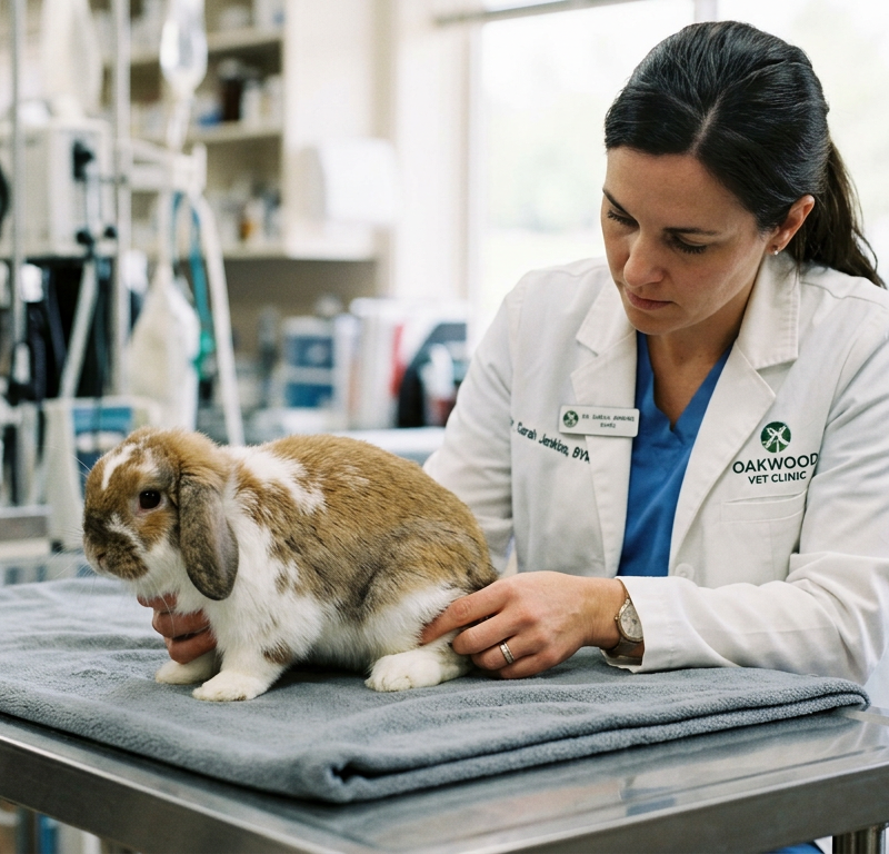 A veterinarian gently examining a domestic rabbit's hind leg in a well-lit clinic setting.