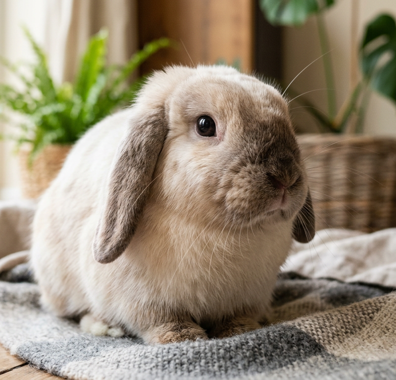 A Holland Lop rabbit with slight thinning of fur around the nose bridge sitting in clean hay.