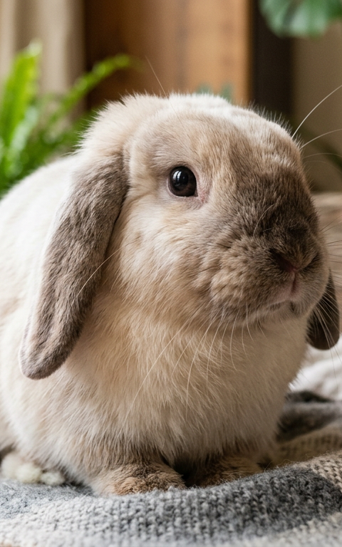 A Holland Lop rabbit with slight thinning of fur around the nose bridge sitting in clean hay.