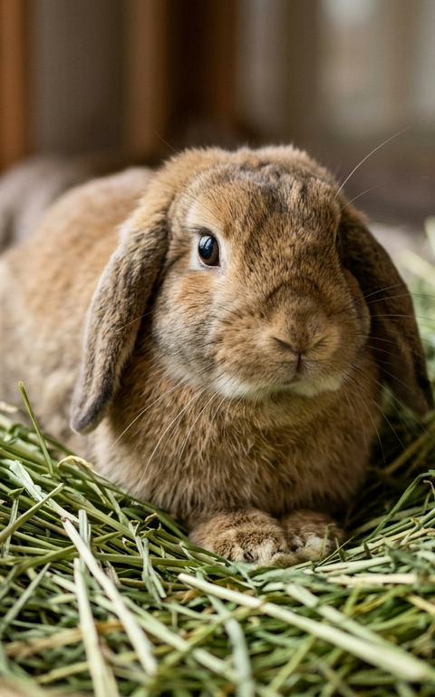 A close up photo of a Holland Lop rabbit sitting in clean hay looking healthy.