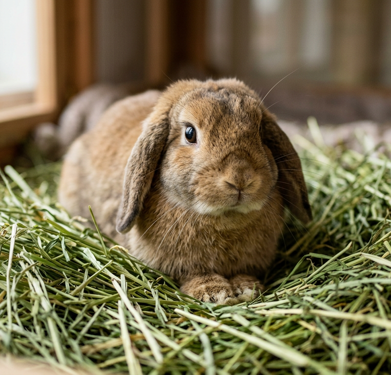 A close up photo of a Holland Lop rabbit sitting in clean hay looking healthy.