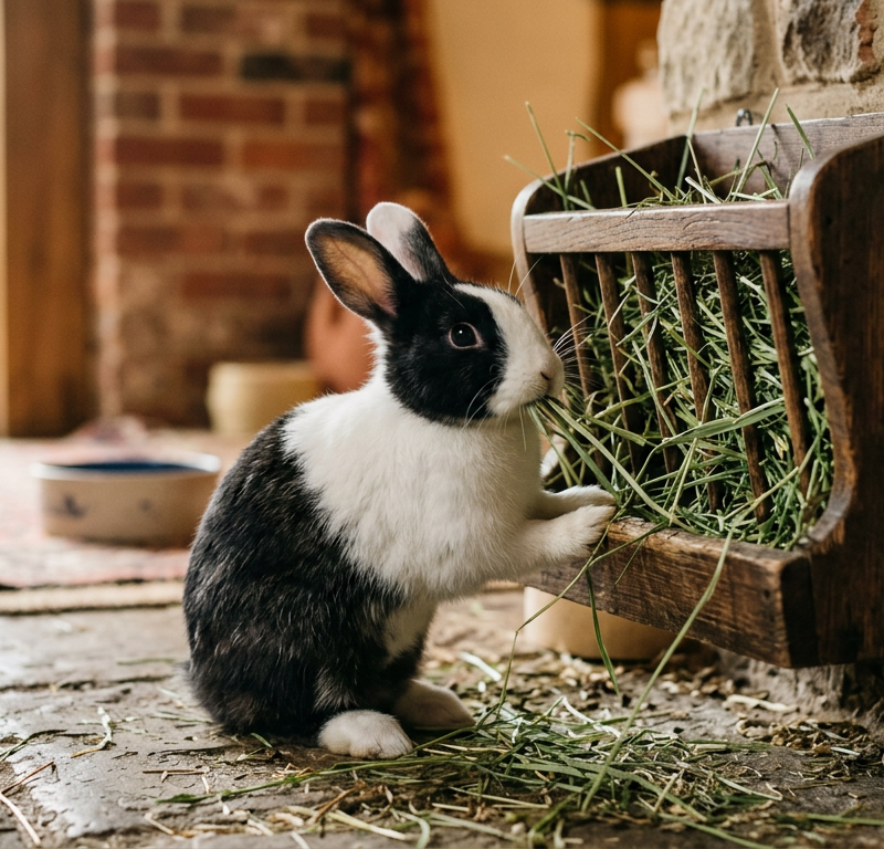 A fluffy Dutch rabbit happily munching on a large pile of fresh green timothy hay in a bright room.