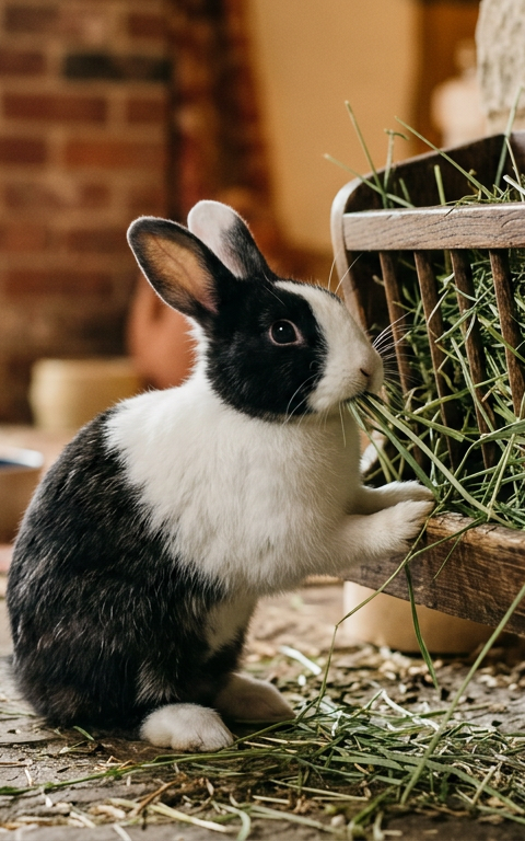 A fluffy Dutch rabbit happily munching on a large pile of fresh green timothy hay in a bright room.