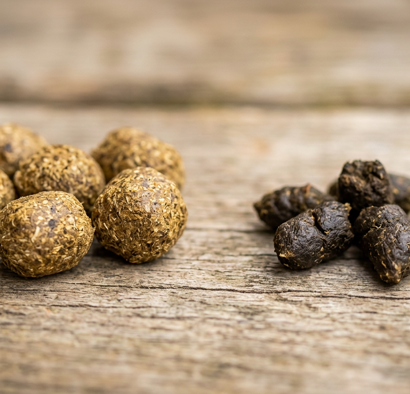 A close up photo of healthy round fibrous rabbit droppings next to smaller dry ones for comparison.