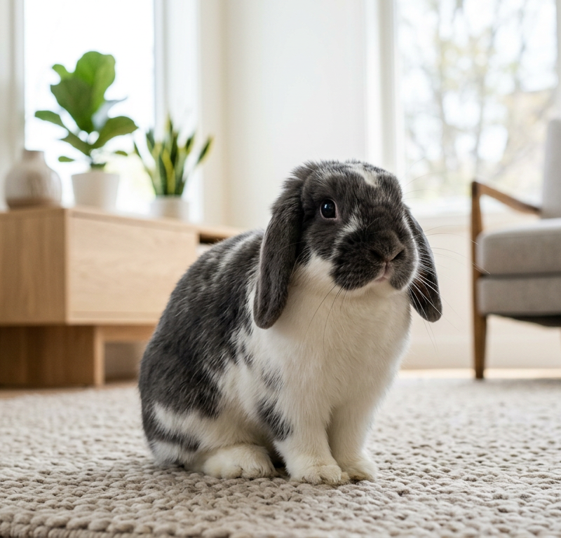 An adorable Holland Lop rabbit sits in a clean living environment without dust while twitching its nose.