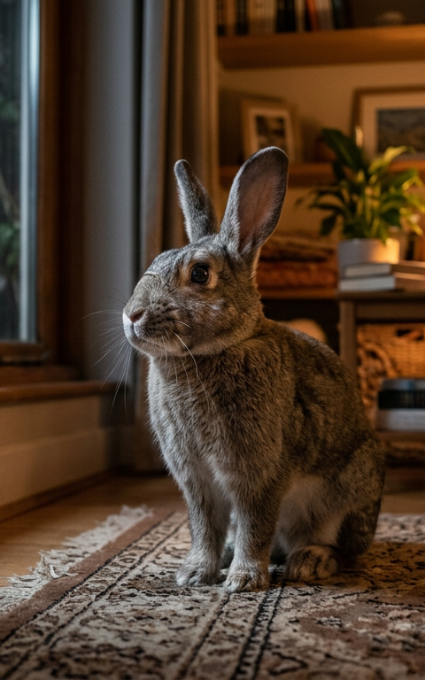 A domestic rabbit standing alert in a dimly lit room during the night.