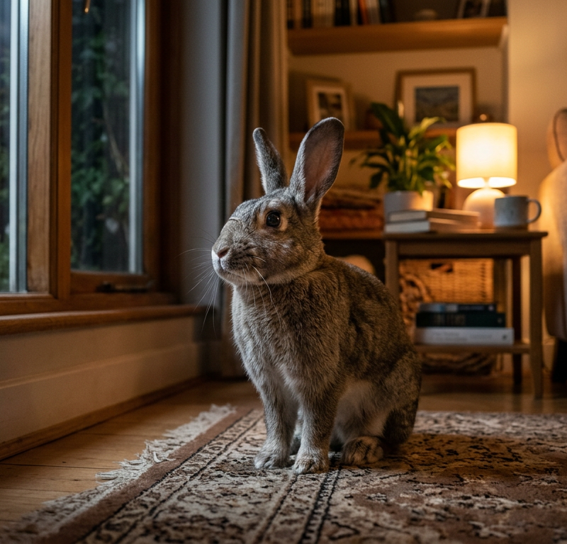 A domestic rabbit standing alert in a dimly lit room during the night.
