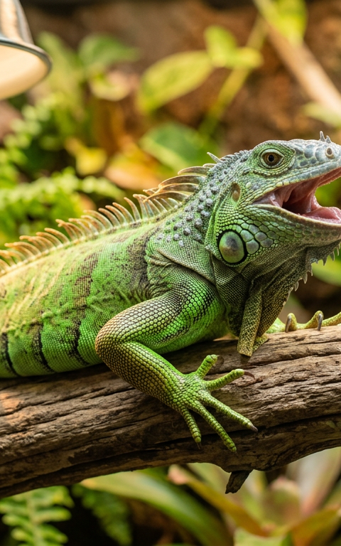 A green iguana basking under a heat lamp on a wooden branch in its enclosure.