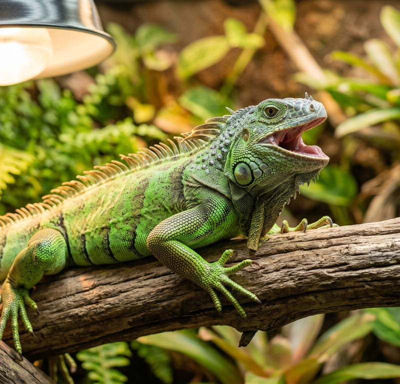 A green iguana basking under a heat lamp on a wooden branch in its enclosure.