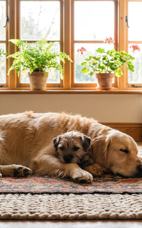 Two dogs and a cat sitting peacefully together in a sunlit living room showing positive social dynamics.