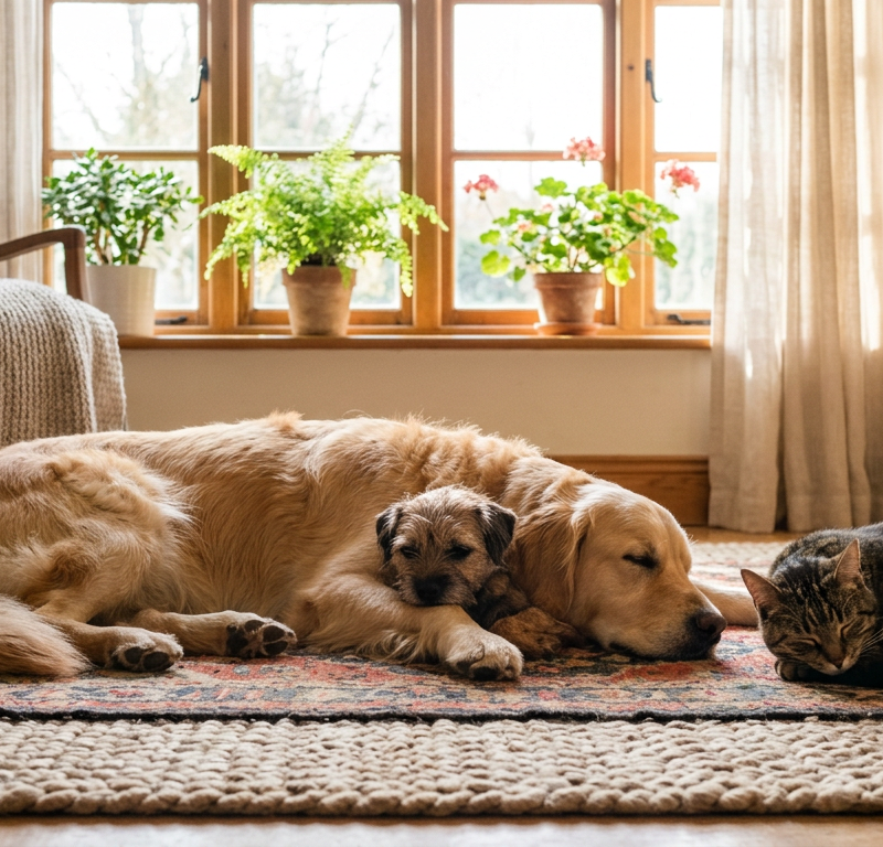 Two dogs and a cat sitting peacefully together in a sunlit living room showing positive social dynamics.