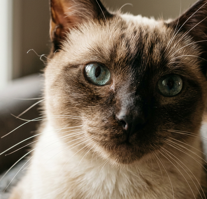 Close-up of a Siamese cat's face showing dilated pupils and forward-facing whiskers in a sunlit room.
