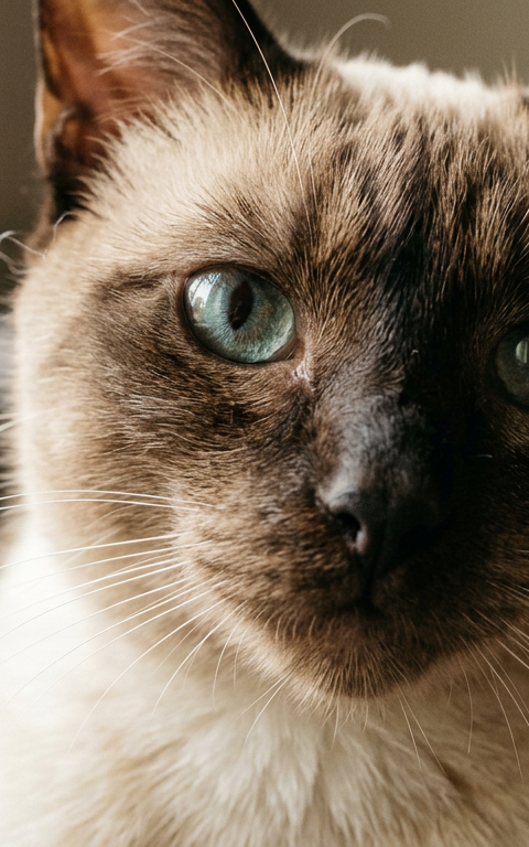 Close-up of a Siamese cat's face showing dilated pupils and forward-facing whiskers in a sunlit room.