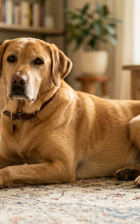 A happy dog with relaxed, slightly outward-facing ears sitting in a sunny living room.