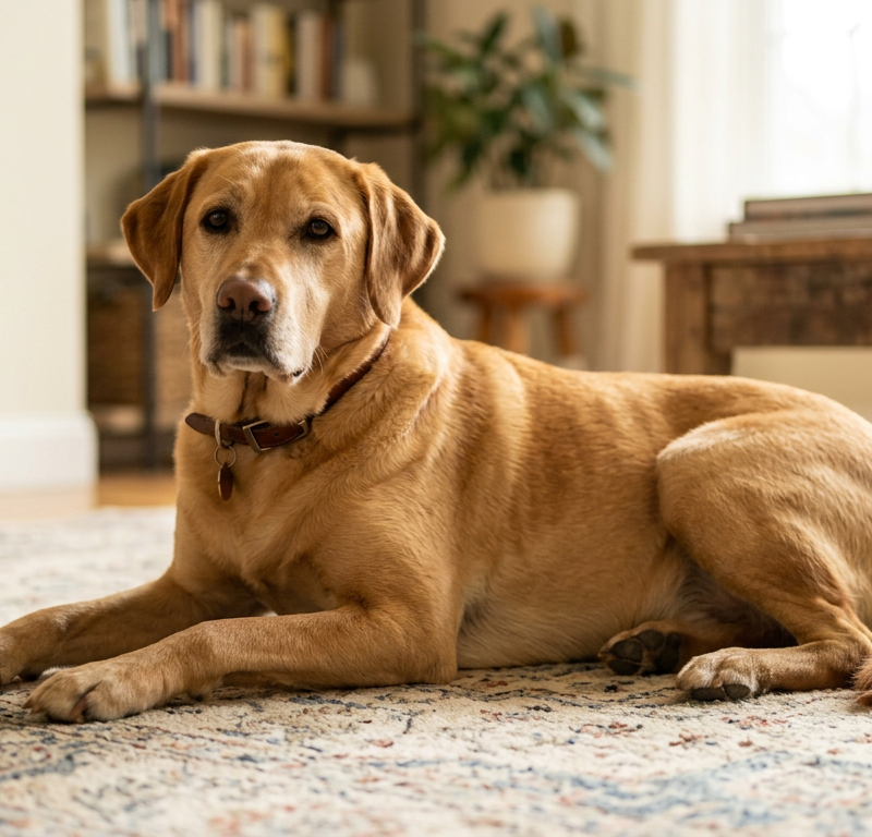 A happy dog with relaxed, slightly outward-facing ears sitting in a sunny living room.