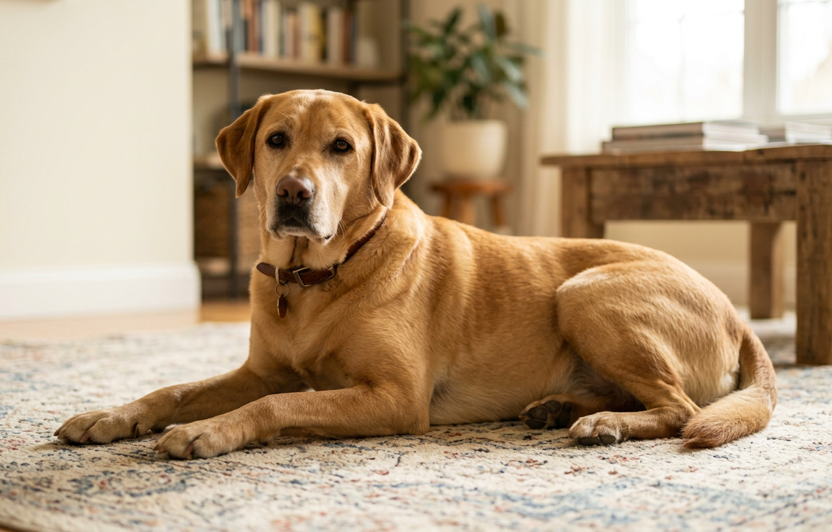 A happy dog with relaxed, slightly outward-facing ears sitting in a sunny living room.