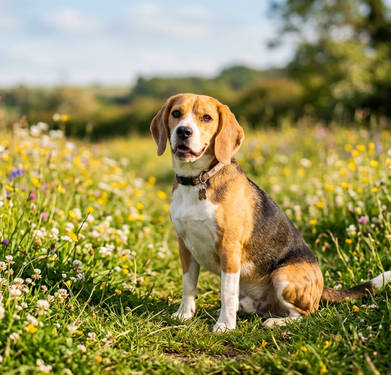 A vibrant Beage dog sitting in a blooming spring field with flowers, looking happy and healthy.