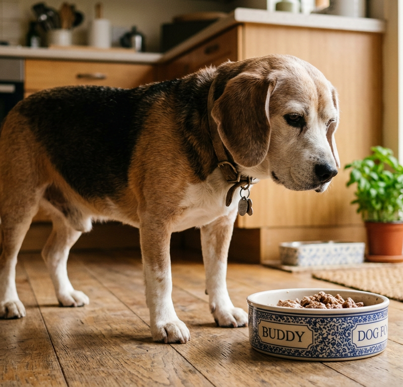 A grey-muzzled Beagle looking down at a half-full ceramic food bowl on a kitchen floor.