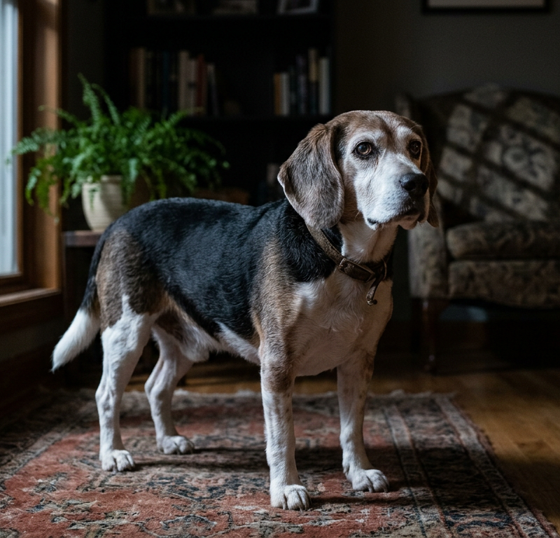 An older Beagle dog standing in a living room at night looking confused and restless.