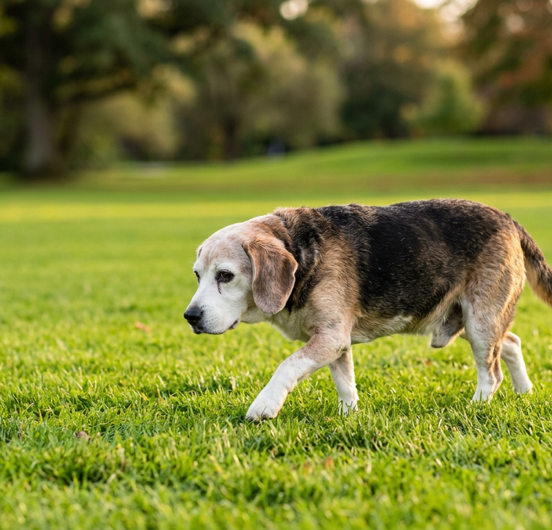 A senior Beagle dog walking slowly on a grassy lawn during a sunny afternoon.
