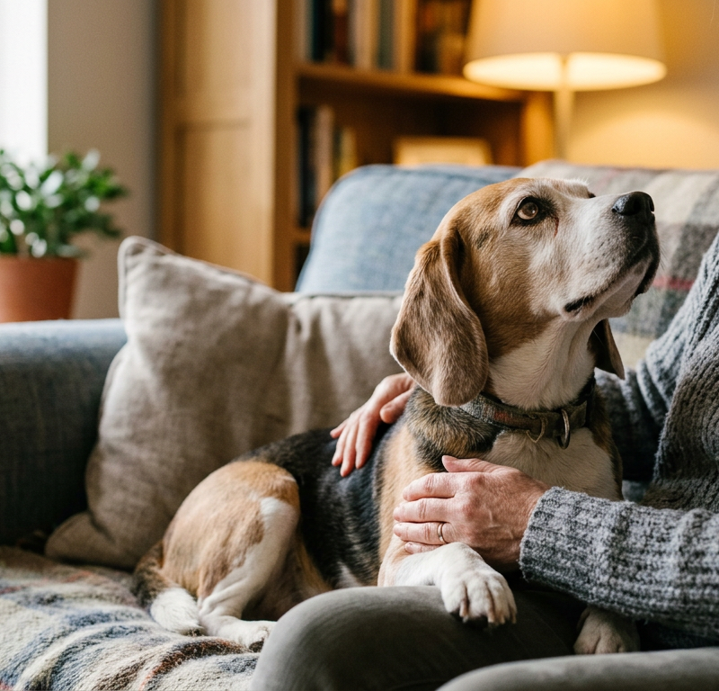 A senior Beagle dog sitting closely next to its owner on a sofa looking up with big eyes.