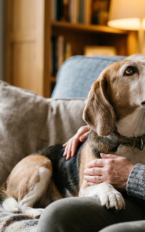 A senior Beagle dog sitting closely next to its owner on a sofa looking up with big eyes.