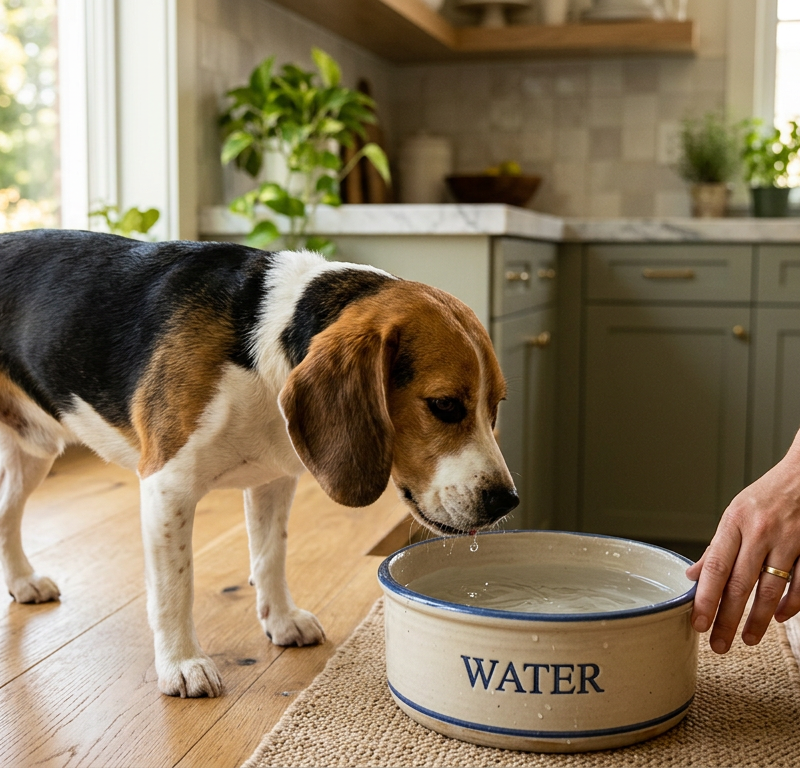 A person gently checking a Beagle's hydration by looking at its water bowl in a bright kitchen.