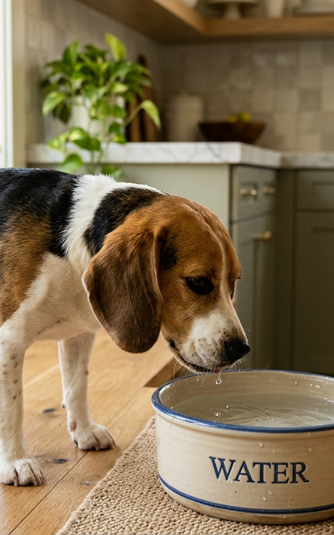 A person gently checking a Beagle's hydration by looking at its water bowl in a bright kitchen.