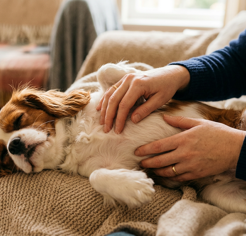 A person gently checking the belly of a small Chihuahua mix sitting on a soft blue blanket.