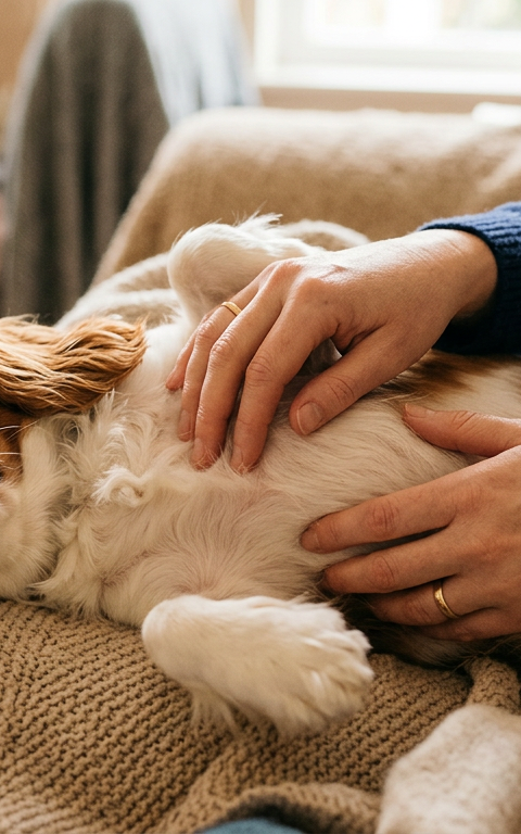 A person gently checking the belly of a small Chihuahua mix sitting on a soft blue blanket.