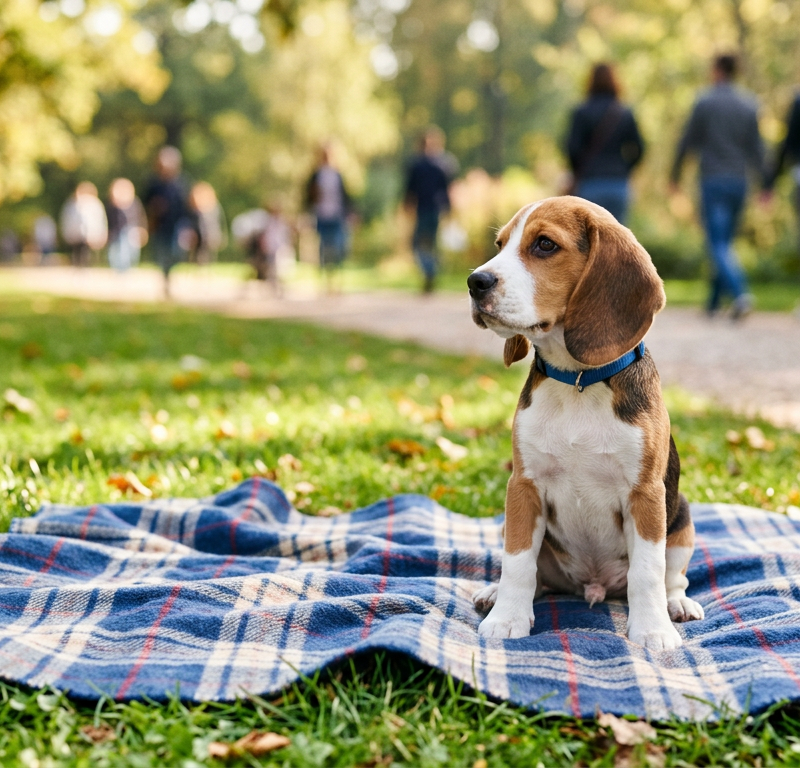 A small Beagle puppy sitting on a colorful park blanket observing people and dogs from a distance.