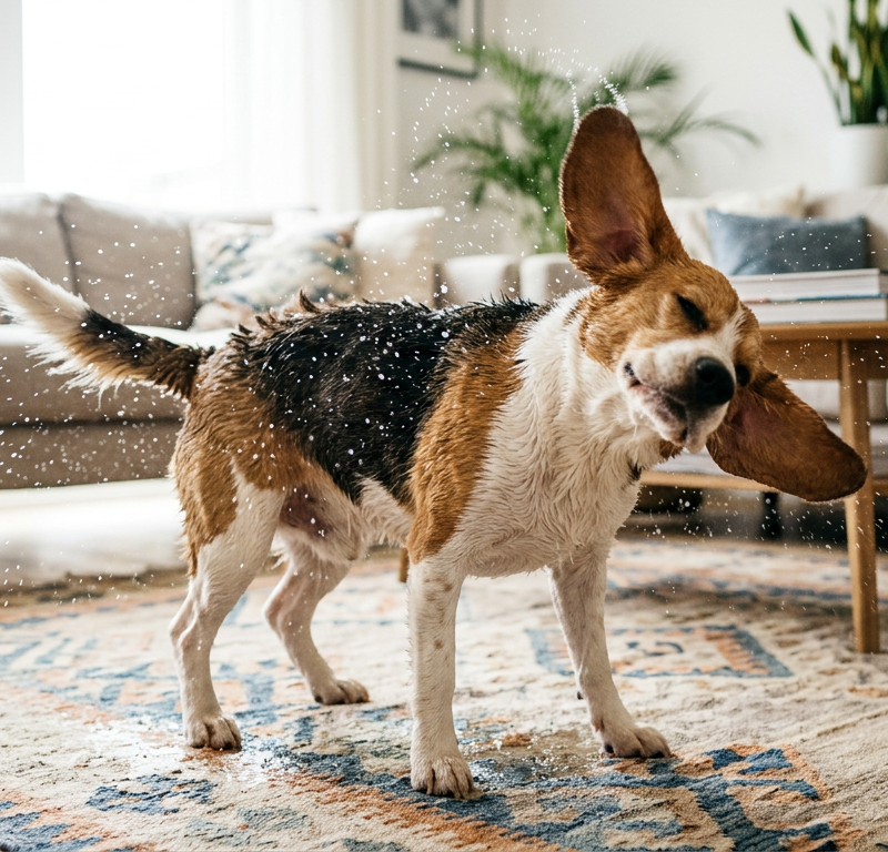 A Beagle dog performing a shake-off motion in a living room to relieve tension.