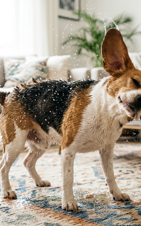 A Beagle dog performing a shake-off motion in a living room to relieve tension.